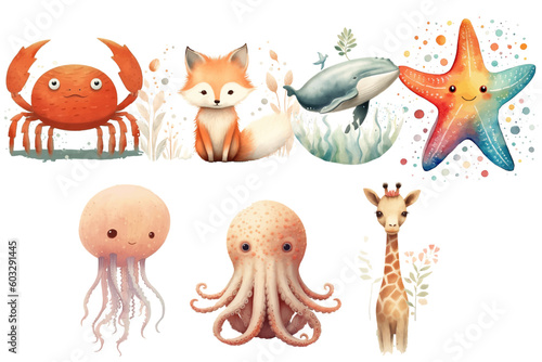 Watercolor set of Cute Baby crab, starfish, octopus, giraffe, fox, whale, jellyfish Safari Animals. Cartoon animal for decoration design. Cute animals vector set. Hand-drawn watercolor illustration