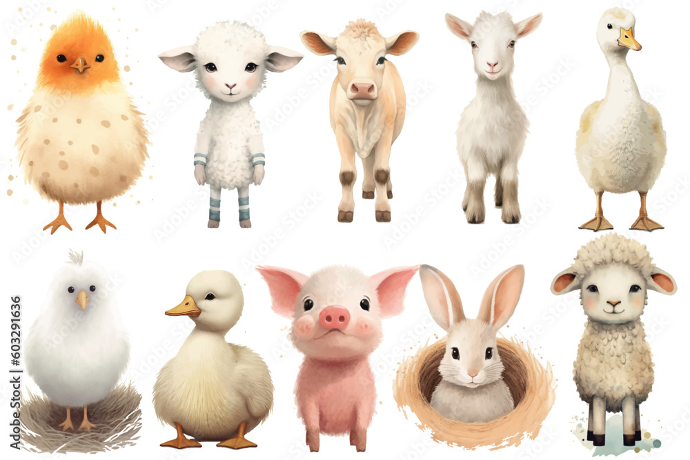 Watercolor set of Cute Baby goat, pig, cow, sheep, chicken, lamb, goose, duck, rabbit, hen Safari Animals. Cartoon animal for decoration design. Watercolor set of Cute Baby goat, pig, cow, sheep, chicken, lamb, goose, duck, rabbit, hen Safari Animals. Cartoon animal for decoration design.