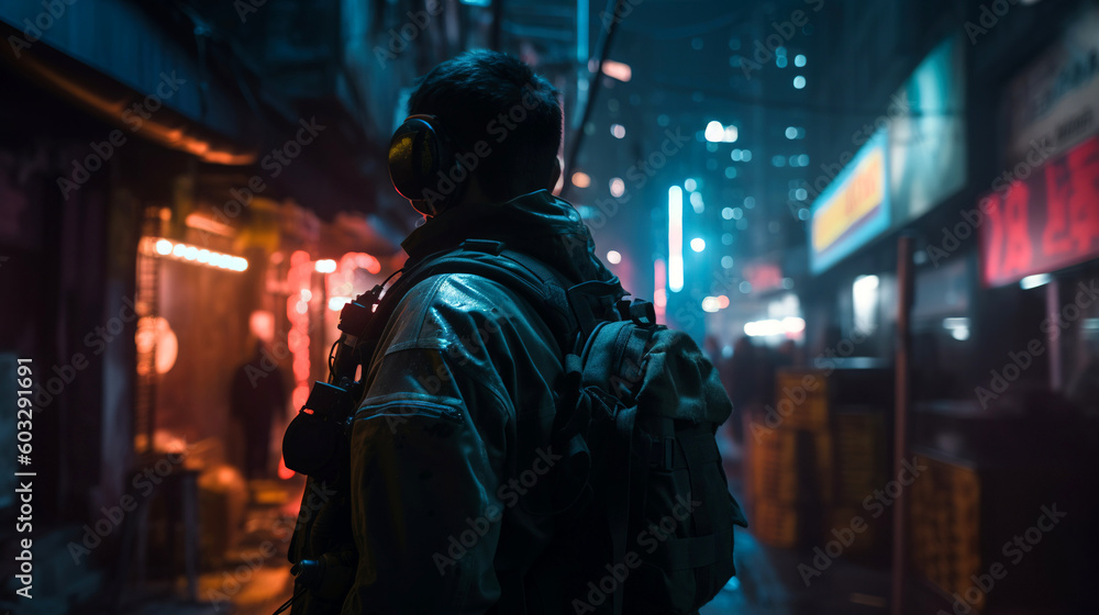 A soldier stands in an urban slum city street at night, under the glow of neon signs, generative ai