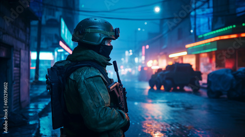 In an empty city street at night, a soldier stands under the glow of blue neon lights, generative ai