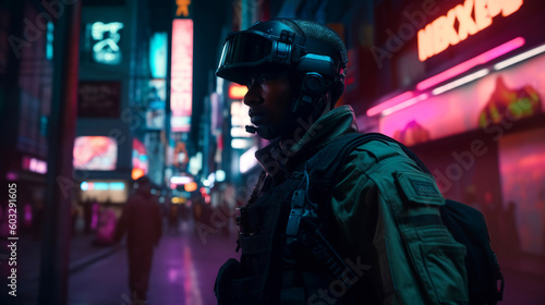 A soldier stands in a futuristic neon-lit city street at night, generative ai
