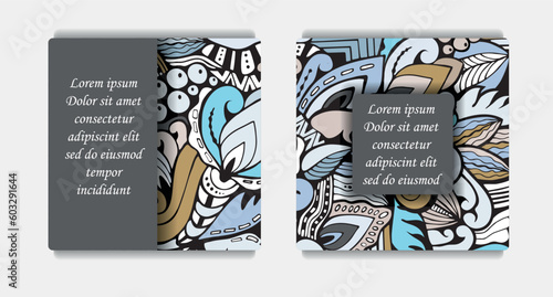 Cartoon doodle designe pattern. Detailed compositions with lot of flower, leaf and symbols. Horisontal banner. Template for card, invitation