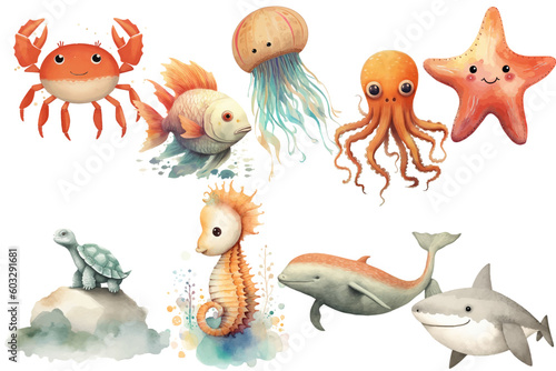 Watercolor set of Cute Baby fish, jellyfish, whale, starfish, octopus, shark, seahorse, turtle, crab Safari Animals. Cartoon animal for decoration design. 