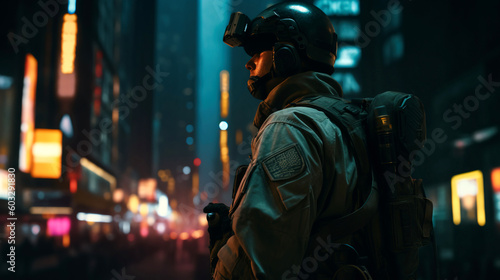 A soldier stands alone, in a dark city street at night, generative ai