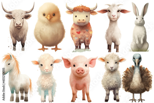 Watercolor set of Cute Baby pig  chicken  cow  turkey  bull  lamb  sheep  horse  goat  rabbit Safari Animals. Cartoon animal for decoration design.