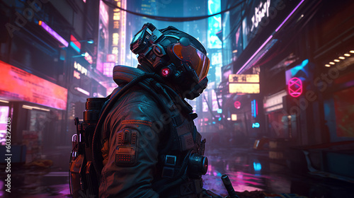 In a cyberpunk style, a futuristic soldier stands in a bright and colorful neon city street at night, generative ai