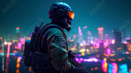 A futuristic soldier stands in front of a cyberpunk neon city skyline at night, generative ai