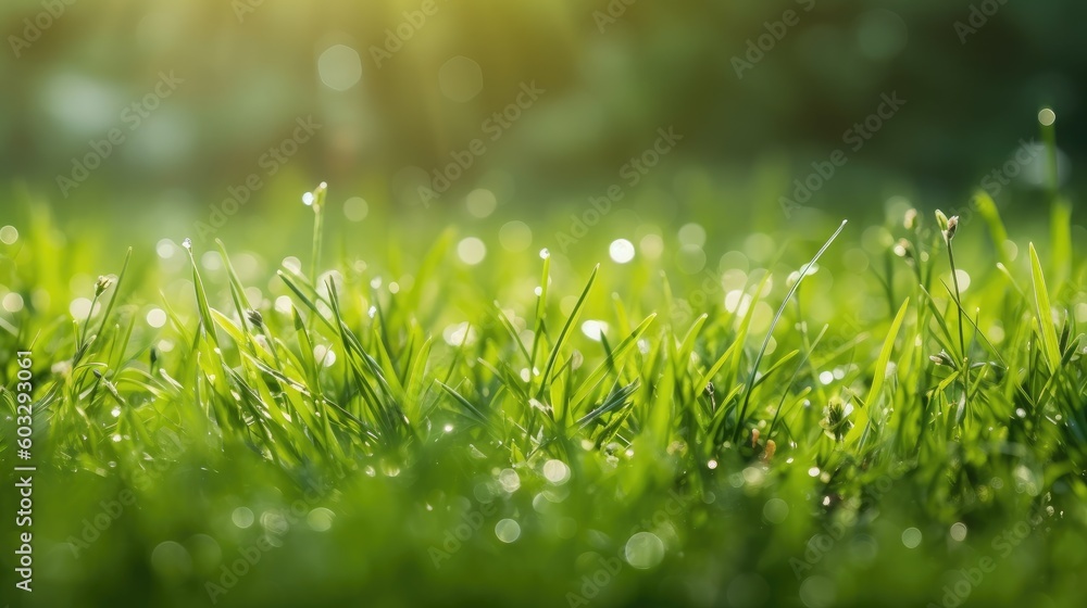 Natural green background of young juicy grass in sunlight with beautiful bokeh. Lush grass close-up in nature outdoors, wide format with copy space. Generative AI Natural green background of young juicy grass in sunlight with beautiful bokeh. Lush grass close-up in nature outdoors, wide format with copy space. Generative AI