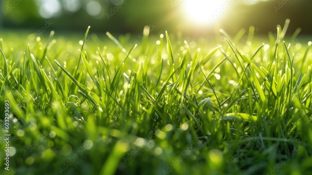 Obraz premium Natural green background of young juicy grass in sunlight with beautiful bokeh. Lush grass close-up in nature outdoors, wide format with copy space. Generative AI