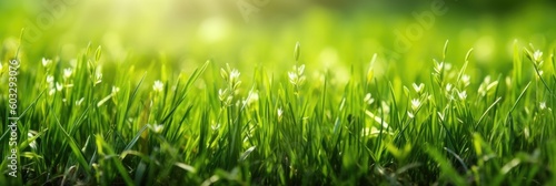 Natural green background of young juicy grass in sunlight with beautiful bokeh. Lush grass close-up in nature outdoors, wide format with copy space. Generative AI