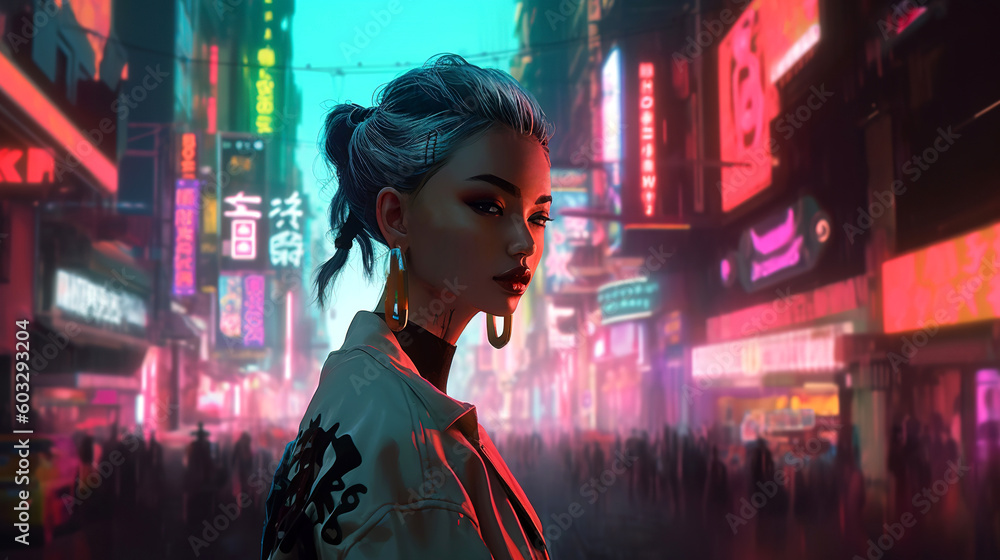 Stunning Lady in Futuristic Neon City, Generative AI Stunning Lady in Futuristic Neon City, Generative AI