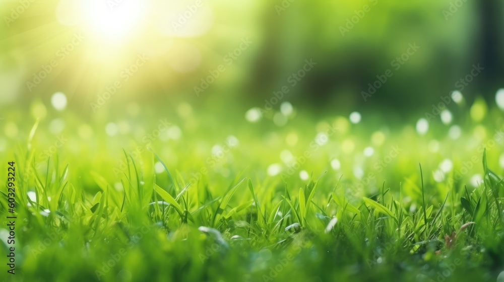Natural green background of young juicy grass in sunlight with beautiful bokeh. Lush grass close-up in nature outdoors, wide format with copy space. Generative AI Natural green background of young juicy grass in sunlight with beautiful bokeh. Lush grass close-up in nature outdoors, wide format with copy space. Generative AI