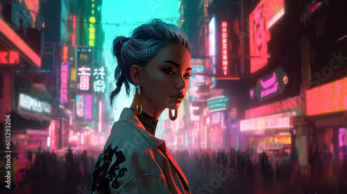 Stunning Lady in Futuristic Neon City, Generative AI