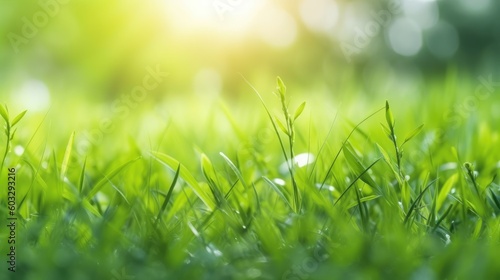 Natural green background of young juicy grass in sunlight with beautiful bokeh. Lush grass close-up in nature outdoors, wide format with copy space. Generative AI