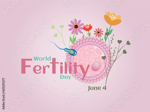World Fertility Day.June 4th. Egg and sperm surrounded by flowers on pink background.