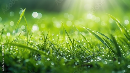 Juicy lush green grass on meadow with drops of water dew in morning light in spring summer outdoors close-up macro, panorama. Beautiful artistic image of purity and freshness of nature. Generative AI