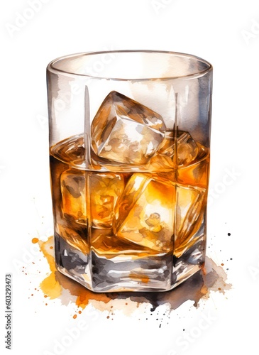 Watercolor illustration of a glass of whiskey with ice isolated on white background. Generative AI.