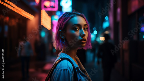 Attractive Female in Neon-Lit Metropolis, Generative AI