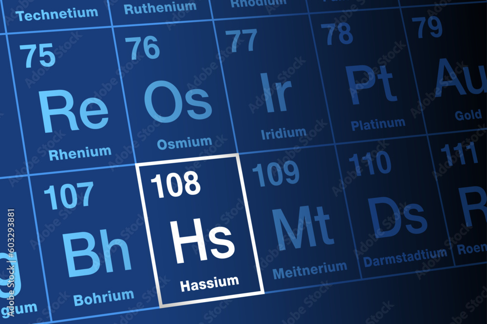 Hassium, on the periodic table. Highly radioactive, superheavy, synthetic transactinide element, with element symbol Hs and atomic number 108. Named after Hassia, Latin name for German State of Hesse. Hassium, on the periodic table. Highly radioactive, superheavy, synthetic transactinide element, with element symbol Hs and atomic number 108. Named after Hassia, Latin name for German State of Hesse.