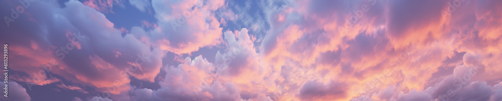 extreme wide angle background of a colorful multi colored sky at dawn in soft, muted pastel colors pink and blue
