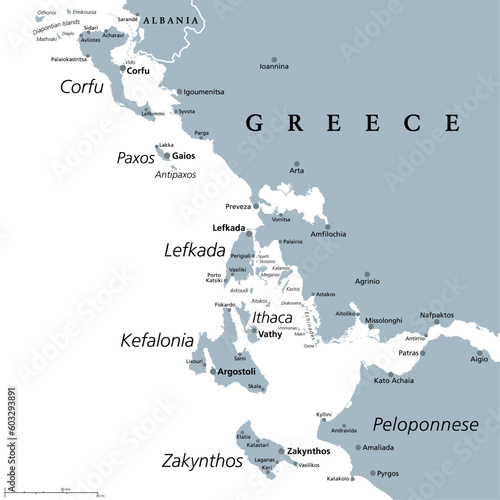 Ionian Islands Region of Greece, gray political map. Greek island group in the Ionian Sea. Corfu (Kerkyra), Paxos and Antipaxos, Lefkada, Kefalonia (Cephalonia), Ithaca (Ithaki) and Zakynthos (Zante).