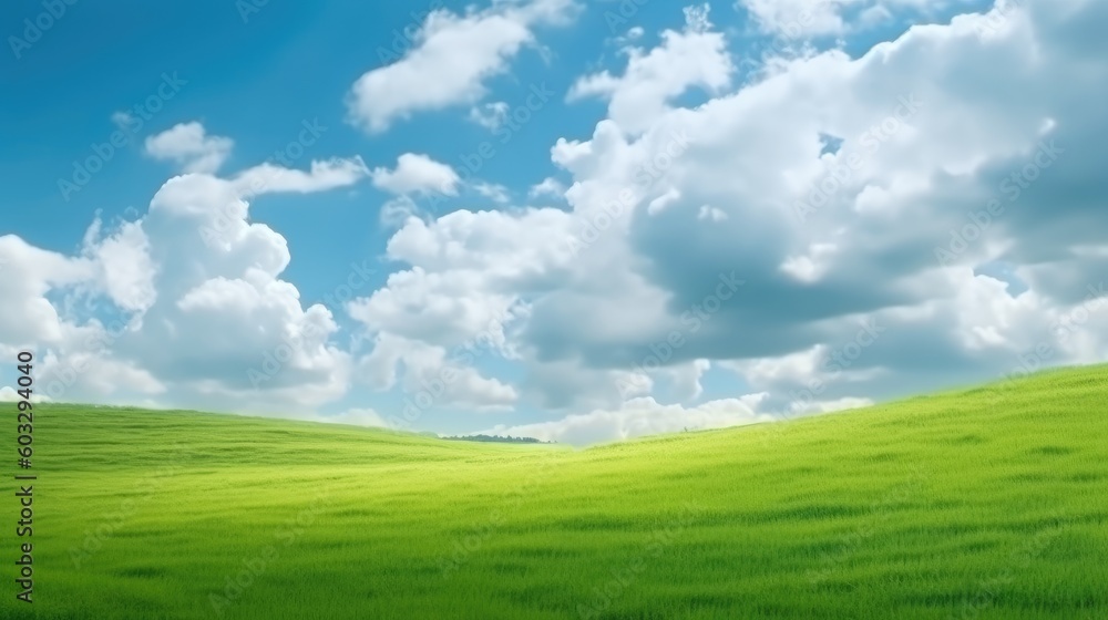Panoramic natural landscape with green grass field and blue sky with clouds with curved horizon line. Panorama summer spring meadow.. Generative AI Panoramic natural landscape with green grass field and blue sky with clouds with curved horizon line. Panorama summer spring meadow.. Generative AI