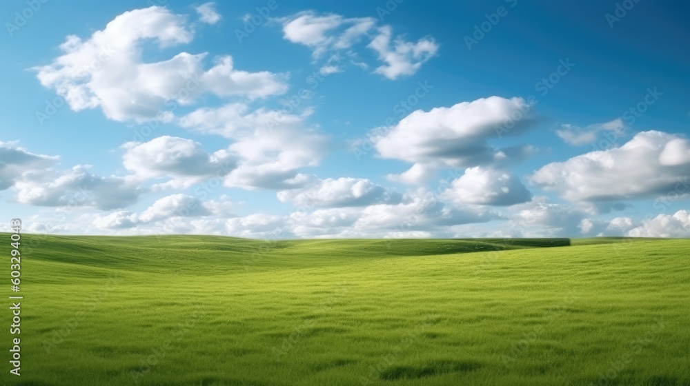 Panoramic natural landscape with green grass field and blue sky with clouds with curved horizon line. Panorama summer spring meadow.. Generative AI Panoramic natural landscape with green grass field and blue sky with clouds with curved horizon line. Panorama summer spring meadow.. Generative AI