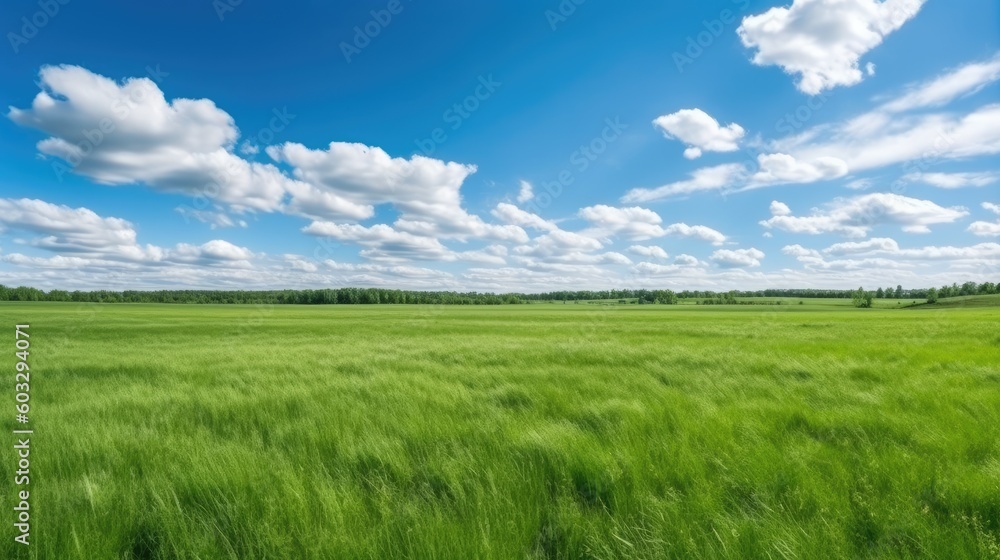 Panoramic natural landscape with green grass field and blue sky with clouds with curved horizon line. Panorama summer spring meadow.. Generative AI