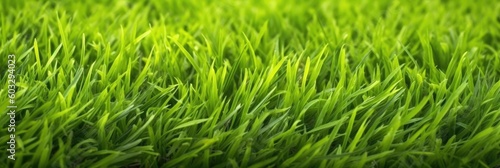 Wide format background image of green carpet of neatly trimmed grass. Beautiful grass texture on bright green mowed lawn, field, grassplot in nature. Generative AI