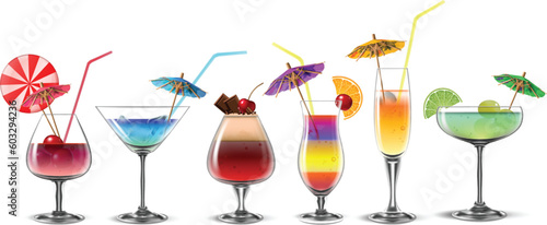 A set of multi-colored refreshing cocktails in transparent glasses of various shapes. Highly detailed illustration.