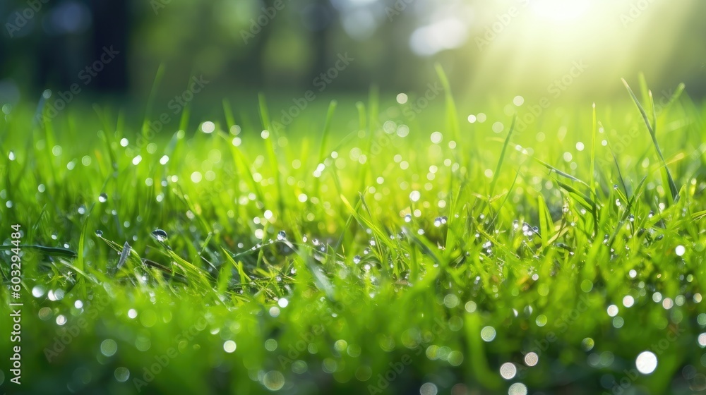 Juicy lush green grass on meadow with drops of water dew in morning light in spring summer outdoors close-up macro, panorama. Beautiful artistic image of purity and freshness of nature. Generative AI