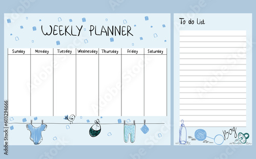 Hand drawing vector weekly planner with baby elements.
