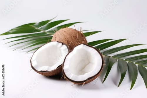 Coconuts with palm leaves on a white background. Generative AI