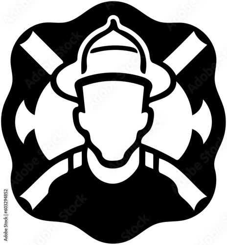 Firefighter logo design in black, vector illustration of a fire brigade personnel 