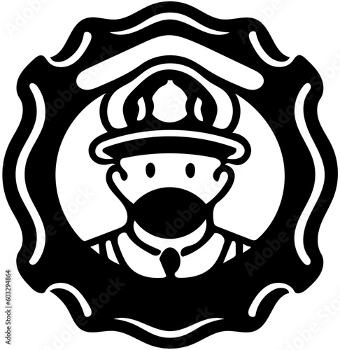 Firefighter logo design in black, vector illustration of a fire brigade personnel 