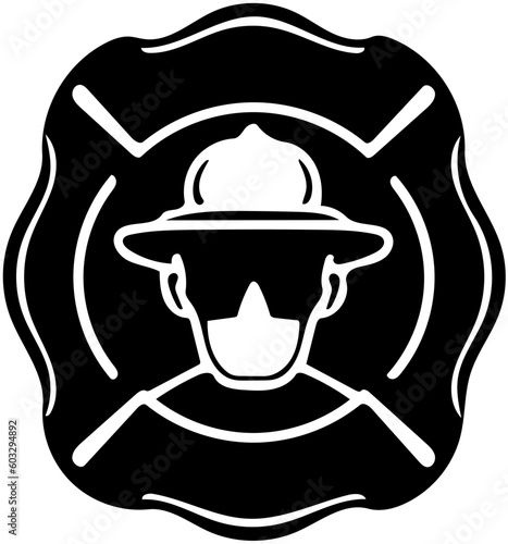 Firefighter logo design in black, vector illustration of a fire brigade personnel 