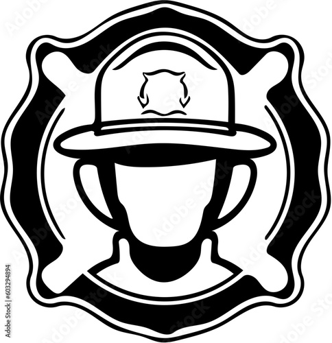 Firefighter logo design in black, vector illustration of a fire brigade personnel 