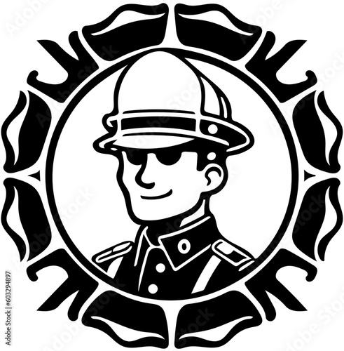 Firefighter logo design in black, vector illustration of a fire brigade personnel 