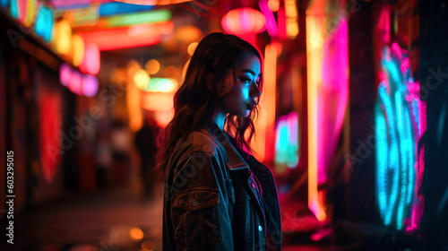 Gorgeous Woman Amidst Neon Tokyo Night, Generative AI