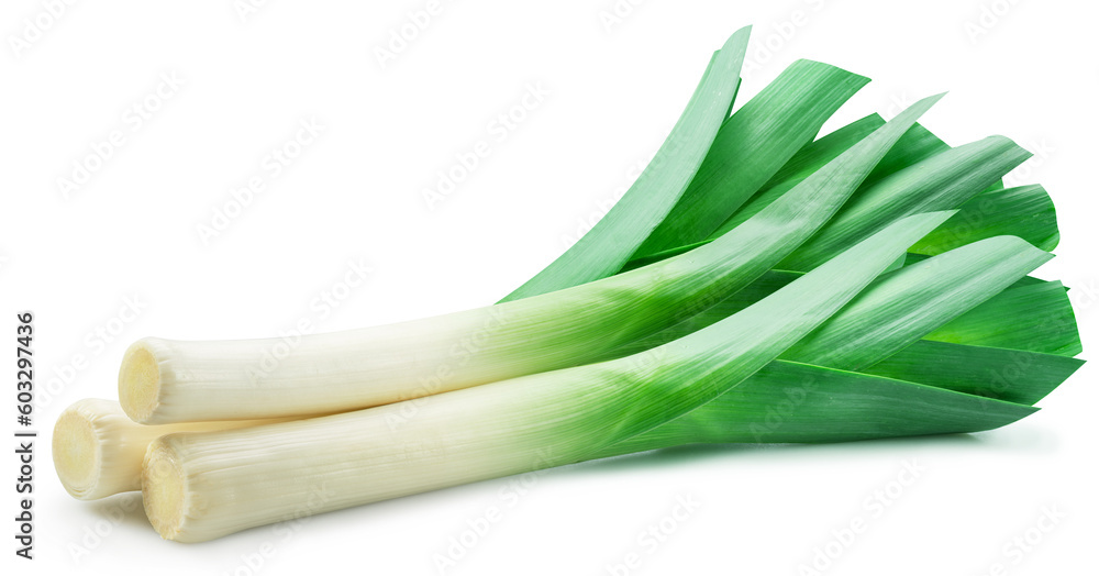 Fresh green leek stems isolated on white background. File contains clipping path. Fresh green leek stems isolated on white background. File contains clipping path.