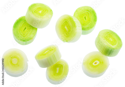 Set of leek slices isolated on white background. File contains clipping paths.