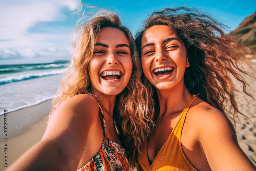 Two funny girls taking a selfie on the beach in summer