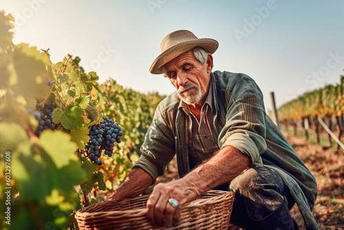 Seasonal worker picking grapes at the grape harvest