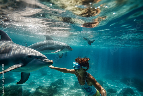 Obraz Little girl touching a dolphin underwater