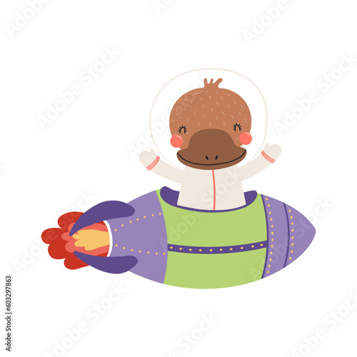 Cute funny platypus flying space ship, rocket cartoon character illustration. Hand drawn animal, Scandinavian style flat design, isolated vector. Kids print element, space adventure, travel, science