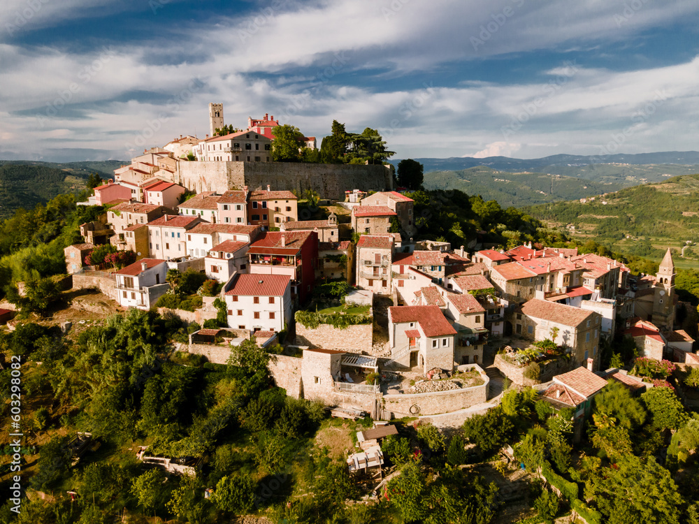 Aerial view of the ancient city of Motovun in summer, located on the top of the mountain. Istria, Croatia. Aerial drone footage.