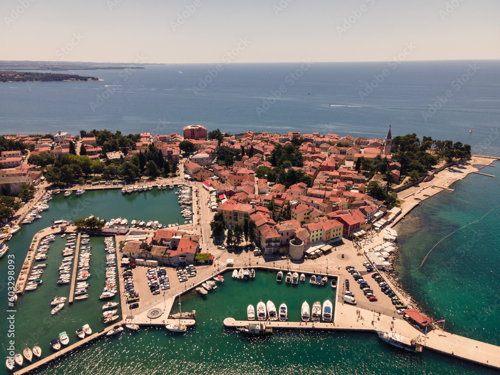Novigrad historic coastal town aerial view. Archipelago of Istria, Croatia