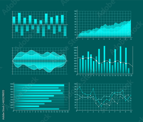 Chart structure, graphs and charts in linear style, infographics for business presentation illustration. Business data market elements dot bar pie charts diagrams and graphs flat vector icons set. 
