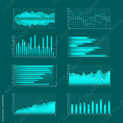 Chart structure, graphs and charts in linear style, infographics for business presentation illustration. Business data market elements dot bar pie charts diagrams and graphs flat vector icons set. 