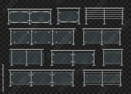 Glass or plexiglass fence with banisters. Realistic glass and metal balcony railings, wire fence. Banister sections or panels with pillars. Vector illustration.